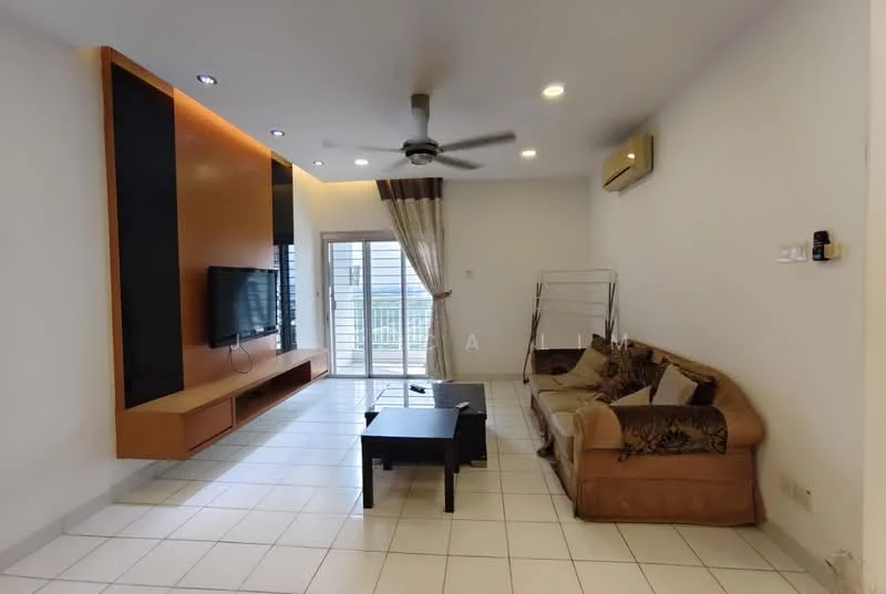 Living features: 3-seater fabric sofa in beige, coffee table, wall-mounted TV, TV console with wooden finish, ceiling fan, recessed downlights, floor-to-ceiling windows, sliding glass door, curtains, air conditioning unit, white painted walls, tile flooring; style: modern; view: city.