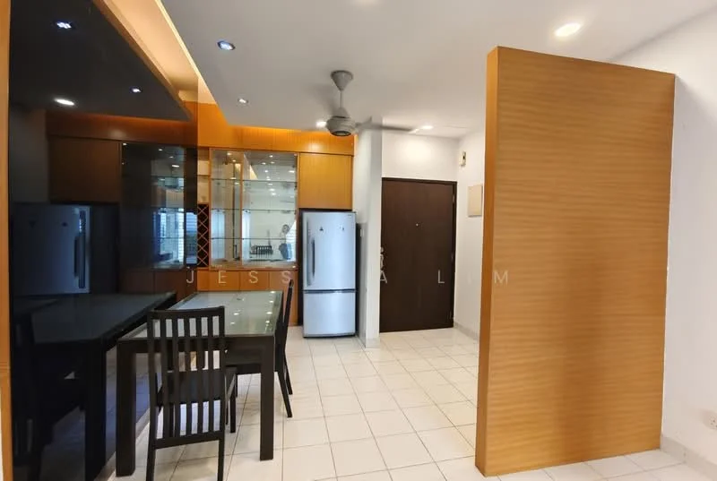 Dining features: dining table for 4, black wooden dining chairs, glass display cabinet, stainless-steel fridge, stainless-steel fridge, white tiled flooring, recessed downlights, ceiling fan, wooden partition wall, main entrance door; style: modern.