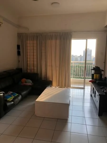Living features: L-shape sectional sofa in dark leather, white coffee table, floor-to-ceiling sliding glass door, sheer curtains, tile flooring, wall-mounted TV, TV console in dark wood, decorative items on console, city view through sliding door, natural light from window; style: modern; view: city.