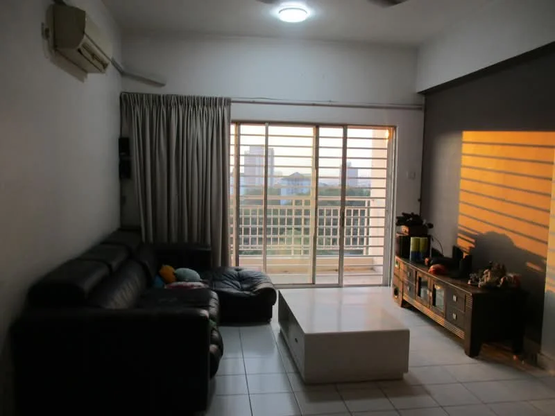 Living features: 3-seater leather sofa in black, 2-seater leather sofa in black, white coffee table, TV console, wall-mounted TV, floor-to-ceiling sliding glass door, curtains, air conditioning unit, recessed ceiling light, tile flooring, white painted walls, decorative items on console; style: modern; view: city.