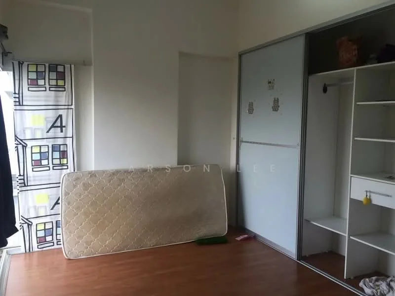 Bedroom features: wooden flooring, white painted walls, sliding wardrobe, mattress on the floor, curtains with geometric pattern, built-in shelving, natural light from window.