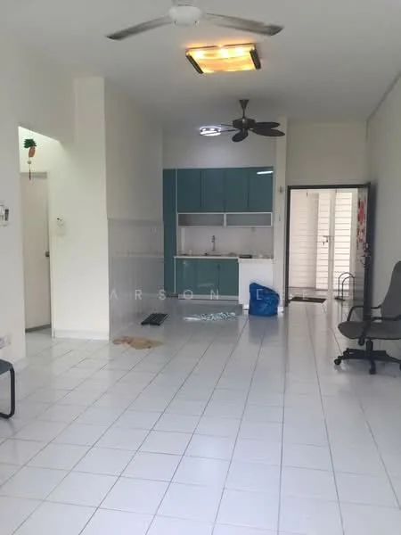 Living features: white tiled flooring, white painted walls, ceiling fan with light, recessed ceiling lights, kitchenette with blue cabinets, single-bowl stainless-steel sink, built-in countertop, sliding glass door, open layout, plastic chair, plastic bag on floor; style: modern.