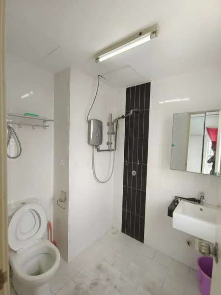 Bathroom features: white tiled walls, black accent wall with tile cladding, white ceramic toilet, chrome basin mixer faucet, small white sink, mirror above sink, shower with handheld showerhead, electric water heater, fluorescent ceiling light, white tiled flooring; style: modern.