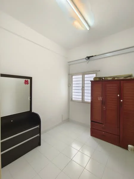 Bedroom features: white painted walls, white tiled flooring, window with blinds, built-in wardrobe with sliding doors, dressing table with mirror, ceiling lights, corner space for additional furniture.