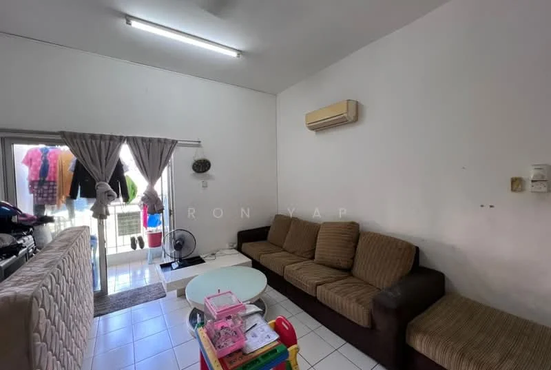 Living features: 3-seater fabric sofa in brown, white coffee table, floor-to-ceiling sliding glass door, curtains, wall-mounted air conditioning unit, ceiling lights, white tiled flooring, fan, decorative items on coffee table, clothes hanging outside; style: modern; view: garden.