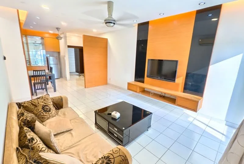 Living features: 3-seater fabric sofa in beige with floral pattern, black coffee table, wall-mounted TV, wooden TV console, white tiled flooring, ceiling fan with light, recessed downlights, orange accent wall, open layout to dining area, large windows for natural light; style: modern.