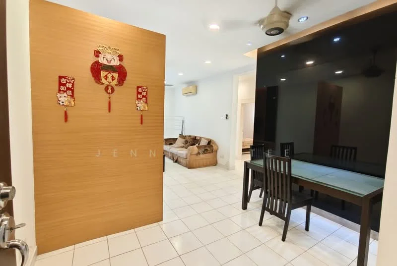 Living features: white tiled flooring, cream painted walls, ceiling fan, recessed downlights, sofa in beige fabric, wooden dining table, black dining chairs, decorative wall art, air conditioning unit; style: modern. Room features: wooden feature wall, decorative wall hangings.