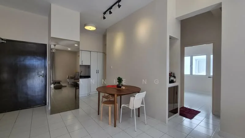 Dining features: round wooden dining table, 2 wooden dining chairs, white walls, tile flooring, recessed downlights, ceiling fan, open layout, wall-mounted mirror, window with natural light; style: modern. Room features: white walls, tile flooring, doorway leading to another room, window with natural light.