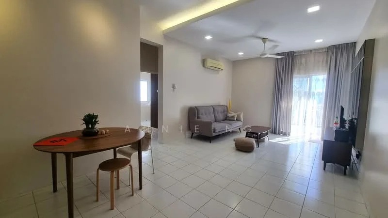 Living features: white painted walls, white ceiling, recessed downlights, 5-blade ceiling fan, large sliding glass door, floor-to-ceiling windows, grey fabric sofa, wooden coffee table, TV console, wall-mounted TV, curtains, tile flooring; style: modern; view: garden. Dining features: round wooden dining table, wooden dining chair, minimalist decor; style: modern.