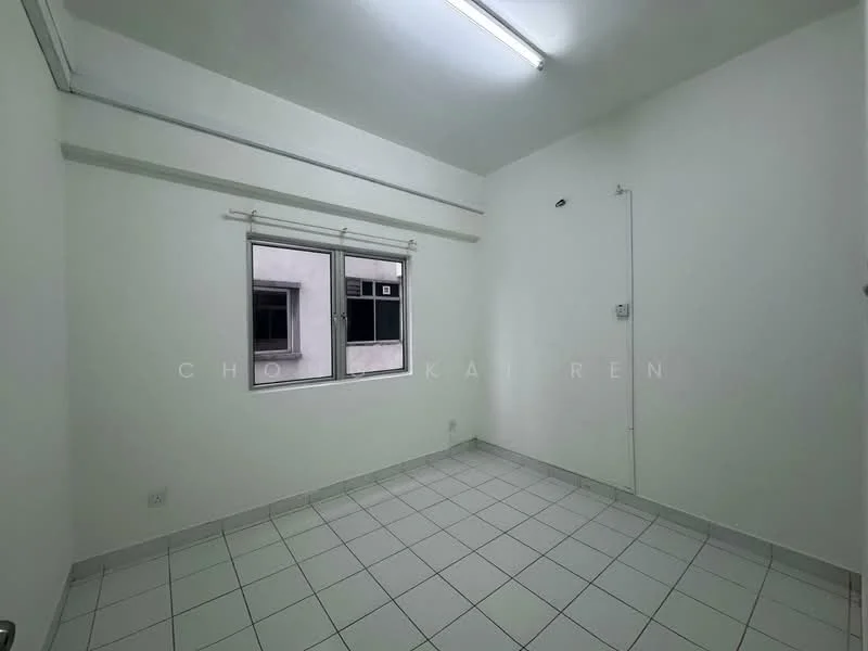 Room features: white painted walls, white ceiling, fluorescent lighting, tile flooring, single window, window with blinds, corner electrical outlet, neutral color scheme; style: minimalist.