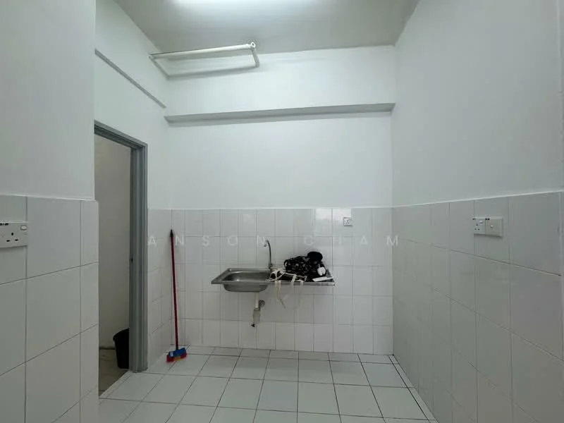 Laundry features: white tiled walls, white tiled flooring, single-bowl stainless-steel sink, wall-mounted faucet, ceiling-mounted light fixture, cleaning supplies storage, mop and broom holder, open layout; style: minimalist.