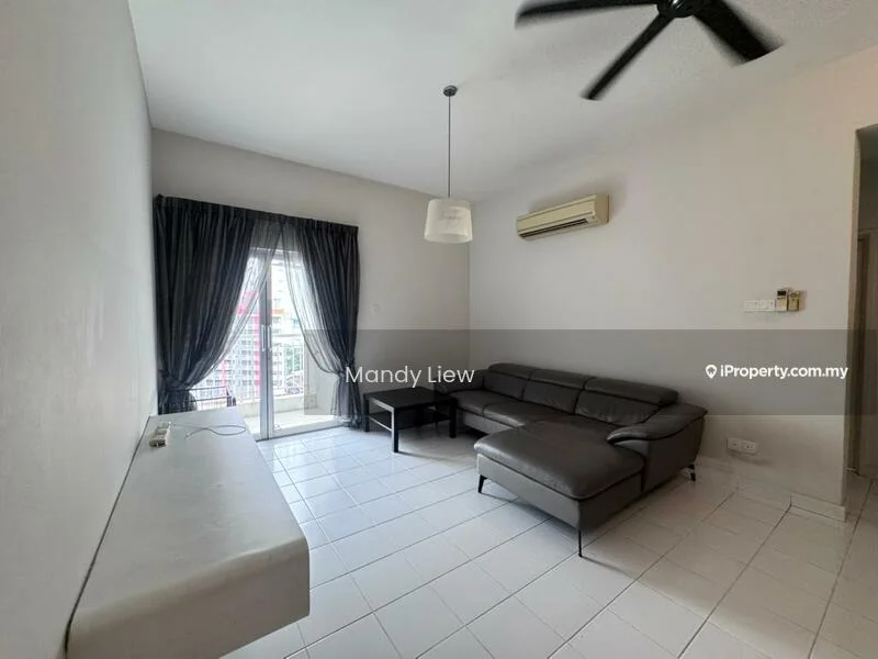 Living features: 3-seater leather sofa in grey, white walls, white tiled flooring, 5-blade ceiling fan, floor-to-ceiling sliding glass door, sheer curtains, air conditioning unit, wall-mounted console table; style: modern; view: city.