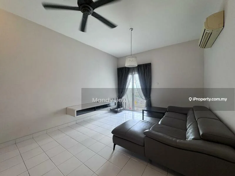 Living features: grey leather sectional sofa, white tiled flooring, white painted walls, ceiling fan, floor-to-ceiling windows, blackout curtains, wall-mounted TV console, light fixture with shade; style: modern; view: city.