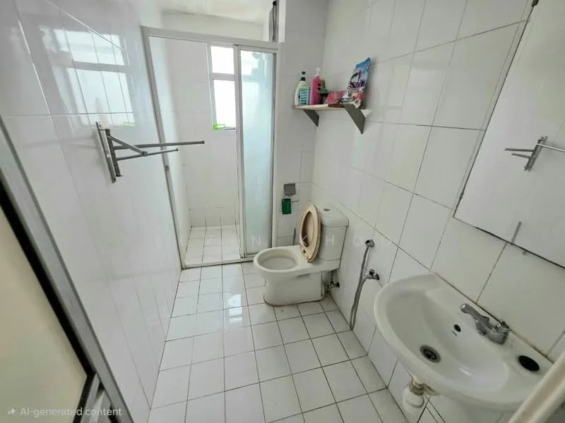 Bathroom features: white tiled walls, white tiled flooring, walk-in shower with glass enclosure, chrome shower head, toilet, single-sink vanity, chrome basin mixer, mirror above sink, shelf for toiletries; style: modern.