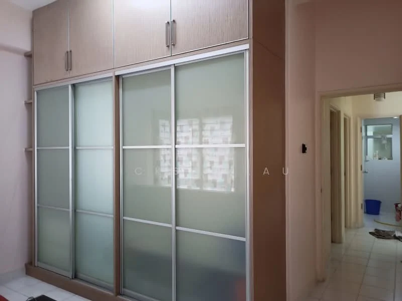 Room features: built-in wardrobe with sliding doors, frosted glass panels, wooden cabinetry, light-colored walls, tile flooring, doorway leading to another room, neutral color scheme; style: modern.