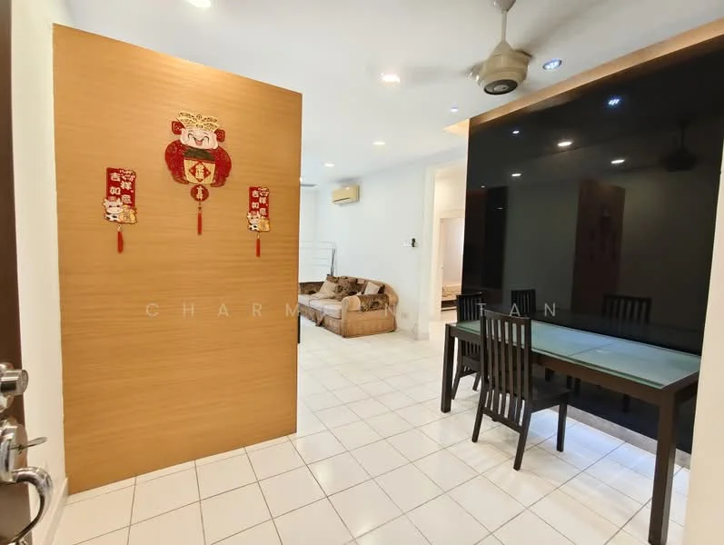 Room features: white tiled flooring, wooden feature wall with decorative elements, black accent wall, ceiling fan, dining table with four chairs, sofa in beige, air conditioning unit, wall-mounted mirror; style: modern.