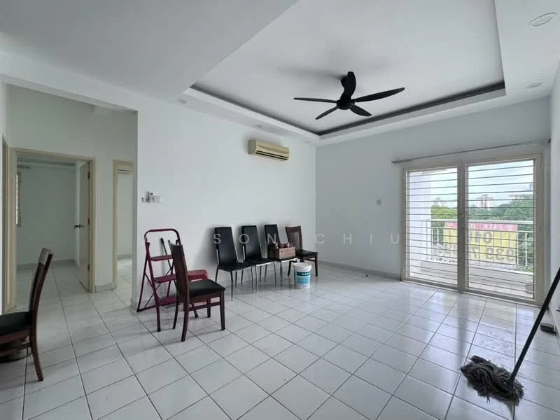 Living features: white painted walls, dropped ceiling, 5-blade ceiling fan, floor-to-ceiling windows, sliding glass door, tile flooring, air conditioning unit, natural light from windows, open layout, unfurnished space, view of greenery outside; style: modern; view: garden.