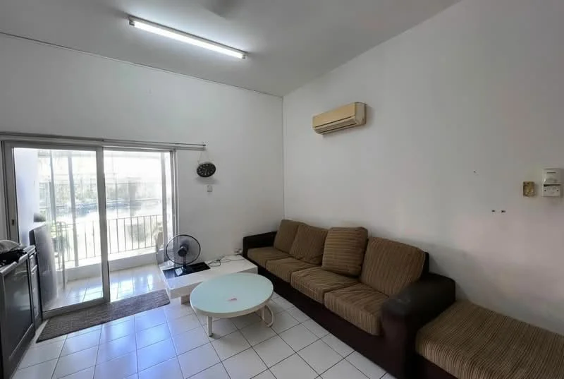 Living features: 3-seater fabric sofa in brown and beige stripes, round coffee table, floor-to-ceiling sliding glass door, white painted walls, tile flooring, wall-mounted air conditioning unit, ceiling lights, fan, curtains, open layout to kitchen; style: modern; view: garden.