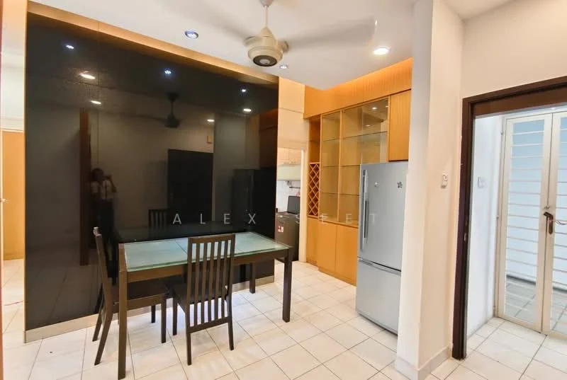 Kitchen features: black glass feature wall, wood cabinetry, glass-front upper cabinets, stainless-steel fridge, 4-seater dining table, wood dining chairs, ceiling fan, tile flooring, recessed downlights, window with sliding door access; style: modern.