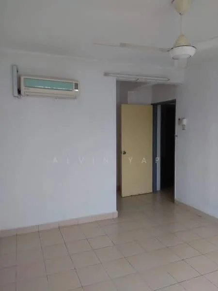 Room features: white painted walls, tile flooring, 1 wall-mounted split AC, ceiling fan, light fixture, door with yellow finish, neutral color scheme.