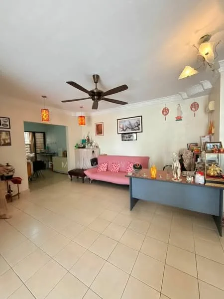 Living features: pink fabric sofa, ceiling fan with light, wall-mounted artwork, decorative figurines, glass display cabinet, tile flooring, recessed lighting, wall sconces, decorative lanterns, neutral painted walls; style: contemporary.