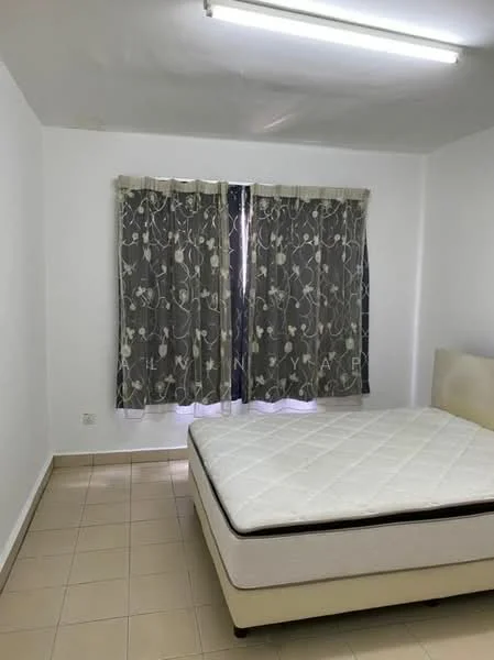 Bedroom features: white painted walls, tile flooring, queen-size bed, grey patterned curtains, window with natural light, ceiling light fixture.