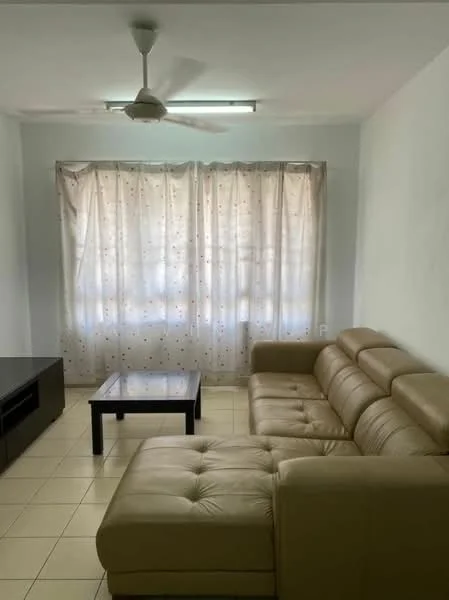 Living features: beige leather sectional sofa, glass coffee table, white painted walls, cream sheer curtains, ceiling fan with light, tile flooring, TV console, natural light from windows; style: modern.