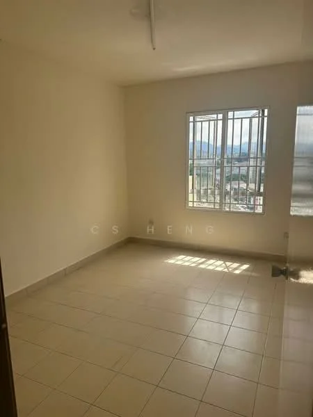 Room features: white painted walls, tile flooring, single window with metal bars, natural light from window, corner of room with visible wall, no visible furniture, neutral color scheme, plain ceiling with light fixture; style: minimalist; view: mountain.