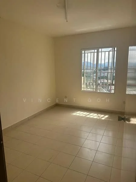 Room features: light beige painted walls, white ceiling, tile flooring, single window with metal bars, natural light from window, corner of room with plumbing outlet; style: minimalist; view: city.