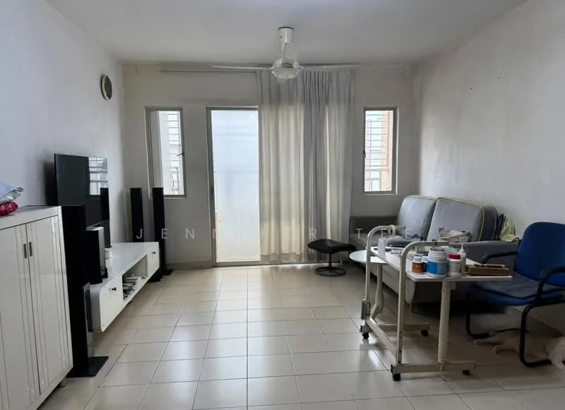 Living features: white painted walls, tile flooring, ceiling fan, floor-to-ceiling windows, sliding glass door, sheer curtains, TV console, 2-seater fabric sofa, side table, blue office chair.