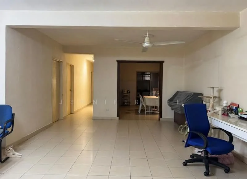 Living features: white painted walls, tile flooring, ceiling fan, large window, open layout, dining area visible, neutral color scheme, decorative wall shelf. Room features: hallway leading to other rooms, doorway, light source from hallway.