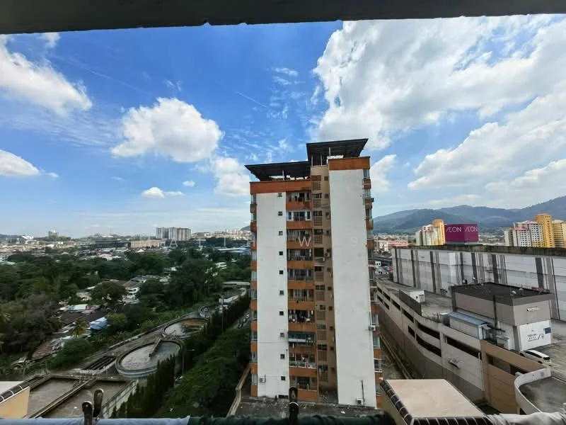 Exterior type: high-rise condominium; features: concrete facade, balconies on upper floors, surrounded by greenery, view of city skyline, nearby commercial buildings, multi-storey car park, adjacent to a waterway; style: modern.