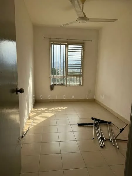 Room features: white painted walls, tile flooring, ceiling fan, window with horizontal bars, natural light from window, unfurnished, empty space, mounting brackets on floor; view: city.