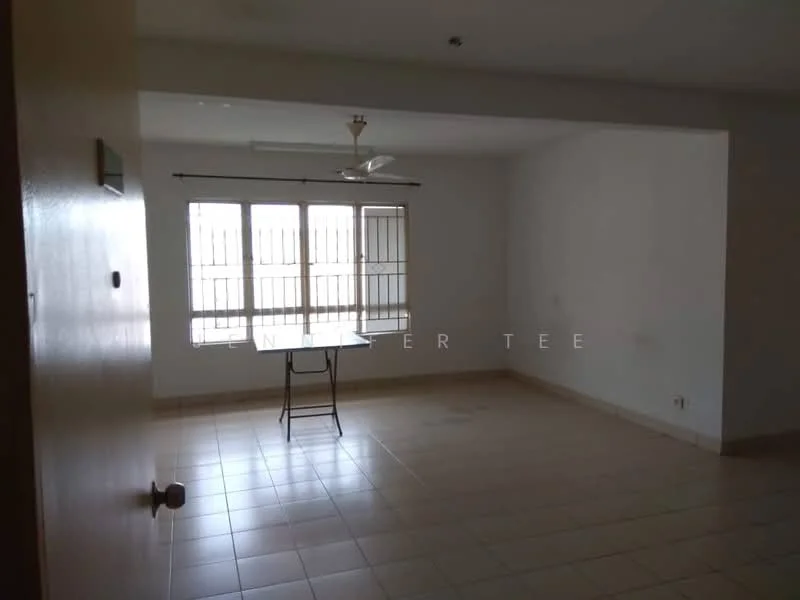 Living features: white painted walls, tile flooring, ceiling fan, large windows with metal grilles, neutral color scheme, single table, no visible decor, open layout.