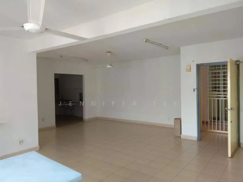 Room features: white painted walls, tile flooring, 2 ceiling fans, open layout, natural light from windows, neutral color scheme, no visible furniture, doorway leading to another room; style: minimalist.