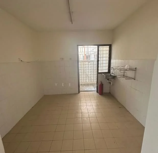 Laundry features: white tiled walls, cream tiled flooring, single-bowl stainless-steel sink, metal wall-mounted shelf, window with security bars, door leading to outdoor area, fire extinguisher, fluorescent ceiling light.
