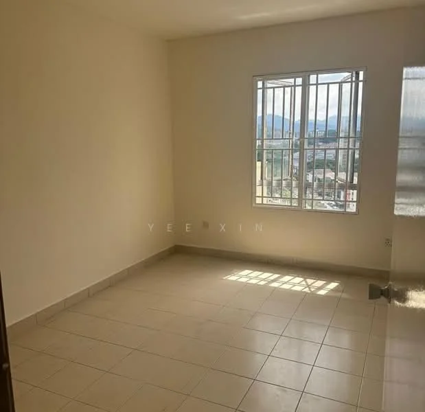 Room features: white painted walls, tile flooring, large window with grid pattern, mountain view visible through window, natural light from window, corner of the room with wall outlet, no visible furniture, neutral color scheme; view: mountain.