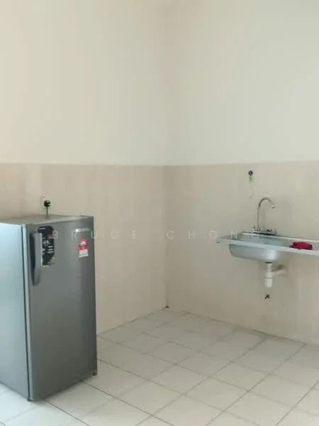 Kitchen features: stainless-steel fridge, single-bowl stainless-steel sink, chrome faucet, white tiled walls, white tiled flooring, counter space, drainage pipe, red dishcloth.