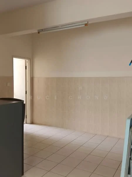 Room features: cream tiled walls, white painted walls, white ceiling, tile flooring, door leading to another room, refrigerator visible, kitchen layout, natural light from door.