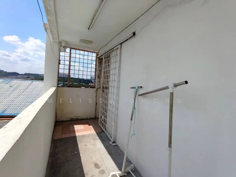 Room features: white painted walls, grey tiled flooring, metal clothes drying rack, sliding door, window with metal grille, outdoor view, natural light; view: city.