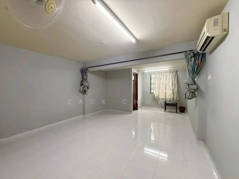Living features: white painted walls, polished ceramic tile flooring, ceiling fan, wall-mounted split AC, floor-to-ceiling window, sheer curtains, natural light from window, neutral color scheme; style: modern.