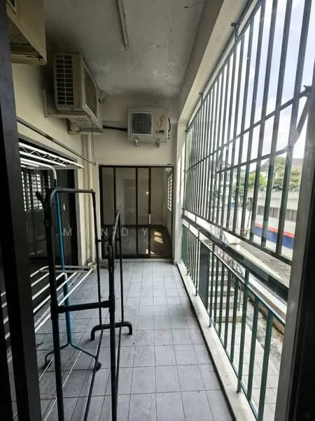 Room features: floor-to-ceiling windows, sliding glass door, wall-mounted split AC, grey tiled flooring, metal railing, exposed ceiling, clothes drying rack, natural light from windows; view: city.