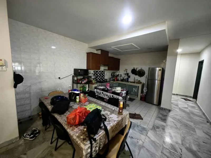 Kitchen features: marble tile flooring, white tiled walls, wood cabinetry, stainless-steel fridge, built-in oven, freestanding range oven, kitchen island, dining table with tablecloth, various kitchen appliances, shelves with kitchenware, sink, multiple chairs, decorative items on the table; style: modern.