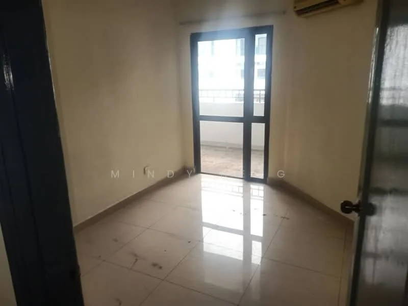 Room features: white painted walls, glossy ceramic tile flooring, floor-to-ceiling windows, sliding glass door, air conditioning unit, natural light from windows, balcony view, neutral color scheme.