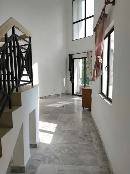 Room features: marble flooring, white painted walls, large windows, sliding glass door, curtains, staircase with metal railing, high ceiling, natural light; style: modern; view: garden.