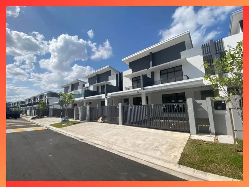 Exterior type: linked terrace house; features: grey and white painted facade, two-storey structure, flat roof, recessed balconies, manicured lawn, paved driveway, fenced front yard, multiple units in row, large windows, modern architectural design, surrounded by clear blue sky; style: modern.