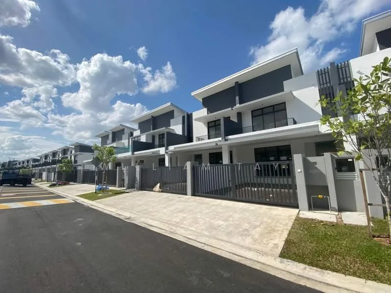 Exterior type: linked terrace house; features: grey and white painted facade, flat roof, two-storey, manicured lawn, paved driveway, fenced front yard, balconies on upper floor, large windows, modern architectural design, surrounded by greenery; style: modern.