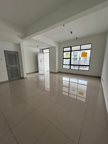 Room features: white painted walls, glossy ceramic tile flooring, large floor-to-ceiling windows, double sliding glass door, high ceiling, recessed downlights, open layout, natural light from windows; style: modern.