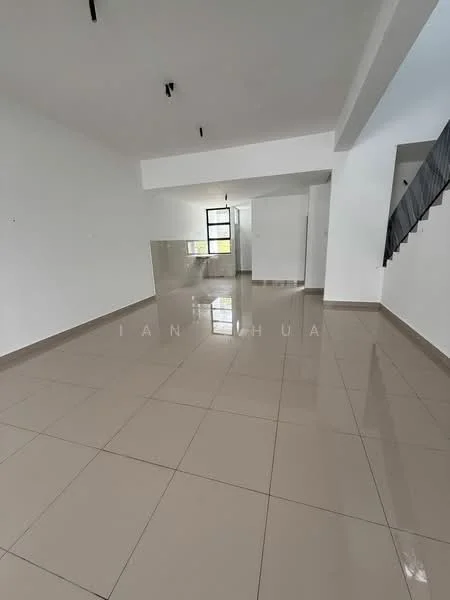 Room features: white painted walls, glossy beige tile flooring, large windows, ceiling lights, open layout, high ceiling, neutral color scheme, no visible furniture; style: modern.