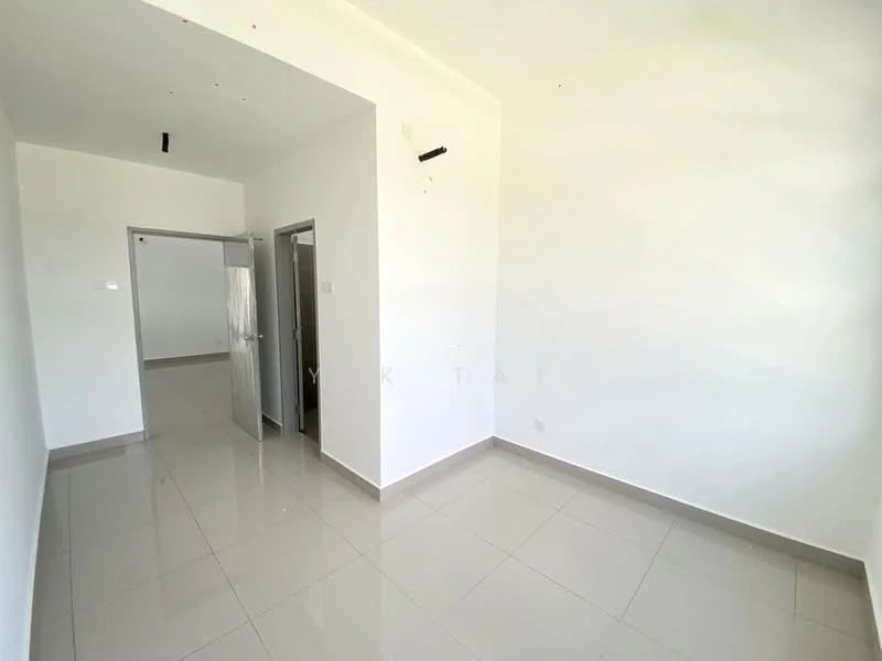 Room features: white painted walls, glossy tile flooring, single door, double door, ceiling light fixture, no visible furniture, neutral color scheme, open space; style: modern.